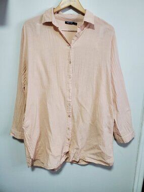 BLUE KISS Linen Cotton Button Down Tunic Shirt Cover-Up Summer Peach Women Large